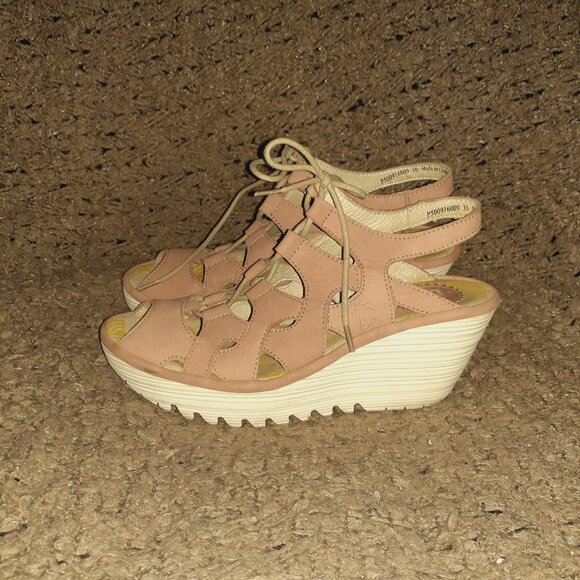FLY LONDON-YEXA-Blush/Light Pink-Lace-Up Wedge Sandals-Sz 36-Excellent - Picture 2 of 8